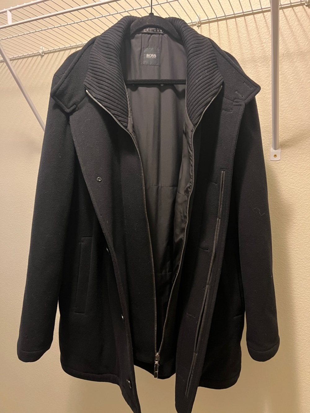 Boss Black Men's Wool Pea Coat with Ribbed Stand Collar